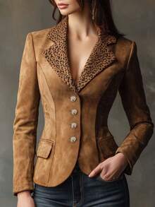 Yalmera Women's Woven Casual Contrast Leopard Jacket - Coffee Brown - View 1