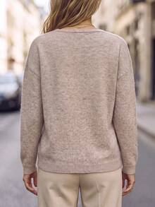 SHEIN Casual Loose V-Neck Long Sleeve Knit Front Tie Design Khaki Women's Spring/Autumn Thin Cardigan,Going Out Top,Fall Outfits,Basic Tops,Social Tops - Khaki - View 3