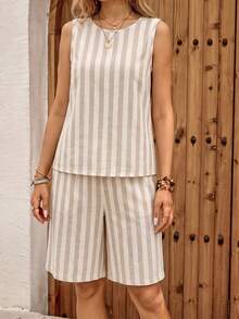EMERY ROSE Conjunto de 2 piezas de camiseta sin mangas y pantalones cortos tipo bermuda estampados para mujer - Multicolor - Ver 7