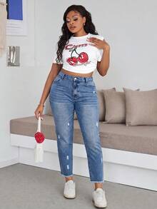 SHEIN ICON 大尺碼休閒水洗破洞牛仔褲 秋季女款牛仔女孩風穿搭 藍色牛仔褲 - 藍色 - 查看 5