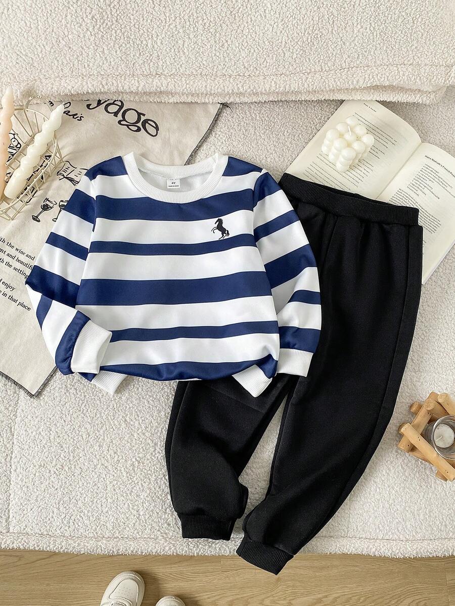 Souflis 2pcs Young Boy Casual Sports College Street Style Cute Cool Wing Pattern Tricolor Striped Sweatshirt + Long Pants, Suitable For Daily Wear, School, Travel, Sports, Spring And Autumn Seasons, Providing Multiple Matching Options For Boys, Increasing The Diversity Of Clothing Combinations, Overall Design Is Simple And Elegant, Comfortable And Fashionable To Wear - Blue - View 1