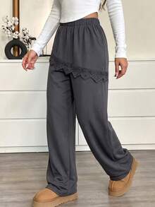 Modelyn Autumn/Winter Elegant Casual Cinched Waist Loose Fit Versatile 2 In 1 Patchwork Drape Lace Plus Size Women's Long Pants - Dark Grey - View 6