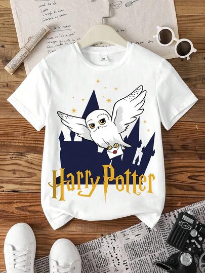 HARRY POTTER X SHEIN 青少年女孩夏季休閒卡通印花T恤