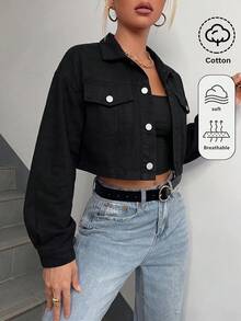 SHEIN 青少年女孩秋季休閒短版牛仔夾克 - 黑色 - 查看 2