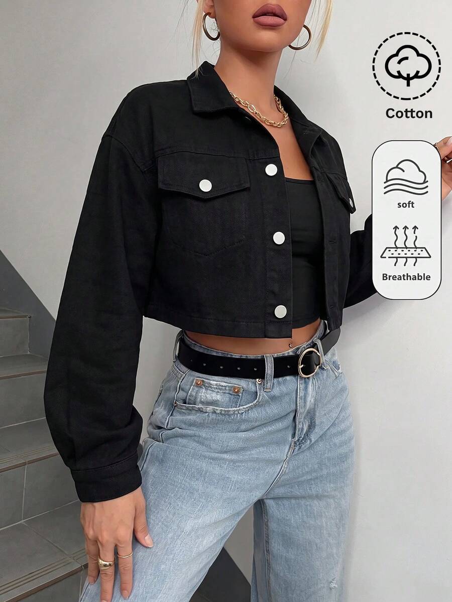 SHEIN Teen Girls Autumn Casual Cropped Denim Jacket - Black - View 1