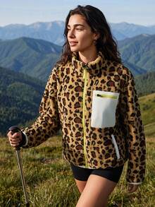 Exploreva Exploreva Women's Leopard Print Fleece Outdoor Jacket - Brown - View 3