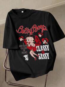 Betty Boop x SHEIN 大尺碼女款字母印花圓領短袖休閒寬鬆版型T恤 - 白色 - 查看 1