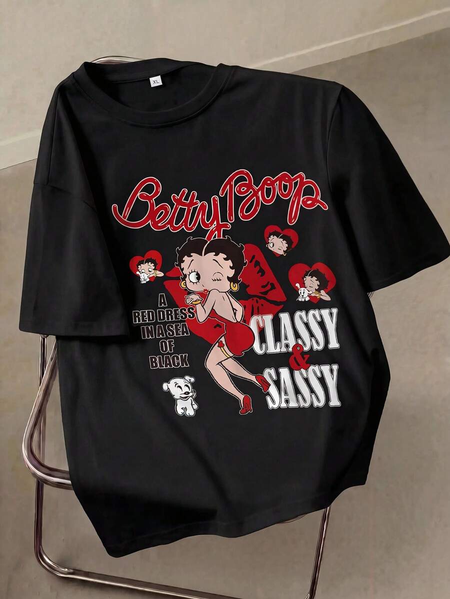 Betty Boop x SHEIN 大尺碼女款字母印花圓領短袖休閒寬鬆版型T恤 - 白色 - 查看 1