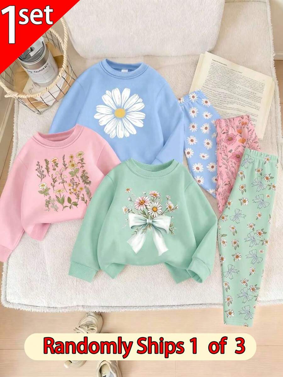 SHEIN 隨機發貨 1/3 款 Souflis 盲盒套裝,女童幼兒長袖圓領上衣與內搭褲套裝,花卉與蝴蝶結元素,適合春、秋、冬季,日常穿著與週末出遊,可愛女童套裝 - 彩色 - 查看 1