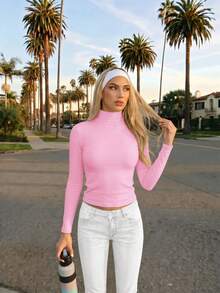 Fluxe Casual Solid Color Knit Slim Fit Regular Small Stand Collar Long Sleeve Women's T-Shirt - Pink - View 5