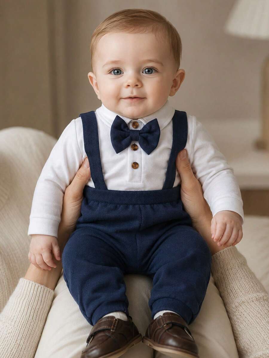 Souflis Souflis 2pcs Setelan Baju Terusan dan Celana Bayi Laki-laki Gaya Retro Preppy Gentleman, Musim Gugur