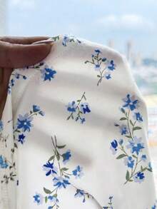 SHEIN 兒童青少年女孩小碎花圓領T恤短褲家居服套裝，休閒舒適居家服 - 藍色 - 查看 3