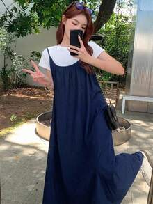 DAZY 女款純色綁帶露背細肩帶洋裝 - 藏蓝色 - 查看 3