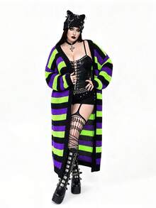 SHEIN CURVE+ 大尺碼女款暗黑風 Y2K 多色長袖長版開襟針織衫，適合萬聖節秋季/冬季穿搭 - 彩色 - 查看 4