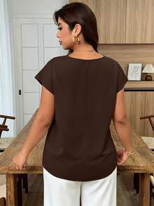 Weeklong Plus Size Women's Spring/Summer Lace Trim Patchwork Contrast Color Casual Vacation Blouse - Brown - View 2