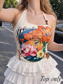 SHEIN MOD 大码女式复古花卉印花修身不对称露肩上衣，仿珍珠装饰，浪漫哥特式美学，夏威夷风格度假装，Y2K 复古，嬉皮，西部，夏季 - 杏色 - 查看 5