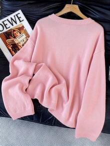 GlowEve CURVE Sweater Pullover Lengan Panjang Longgar Bahu Jatuh Leher Bulat Elegan Ukuran Plus untuk Musim Dingin - Berwarna merah muda - View 2