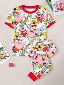 SpongeBob SquarePants | SHEIN 2pcs/Set Piyama Rajut Lengan Pendek Leher Bulat Motif Kartun untuk Anak Perempuan - MultiWarna - View 1