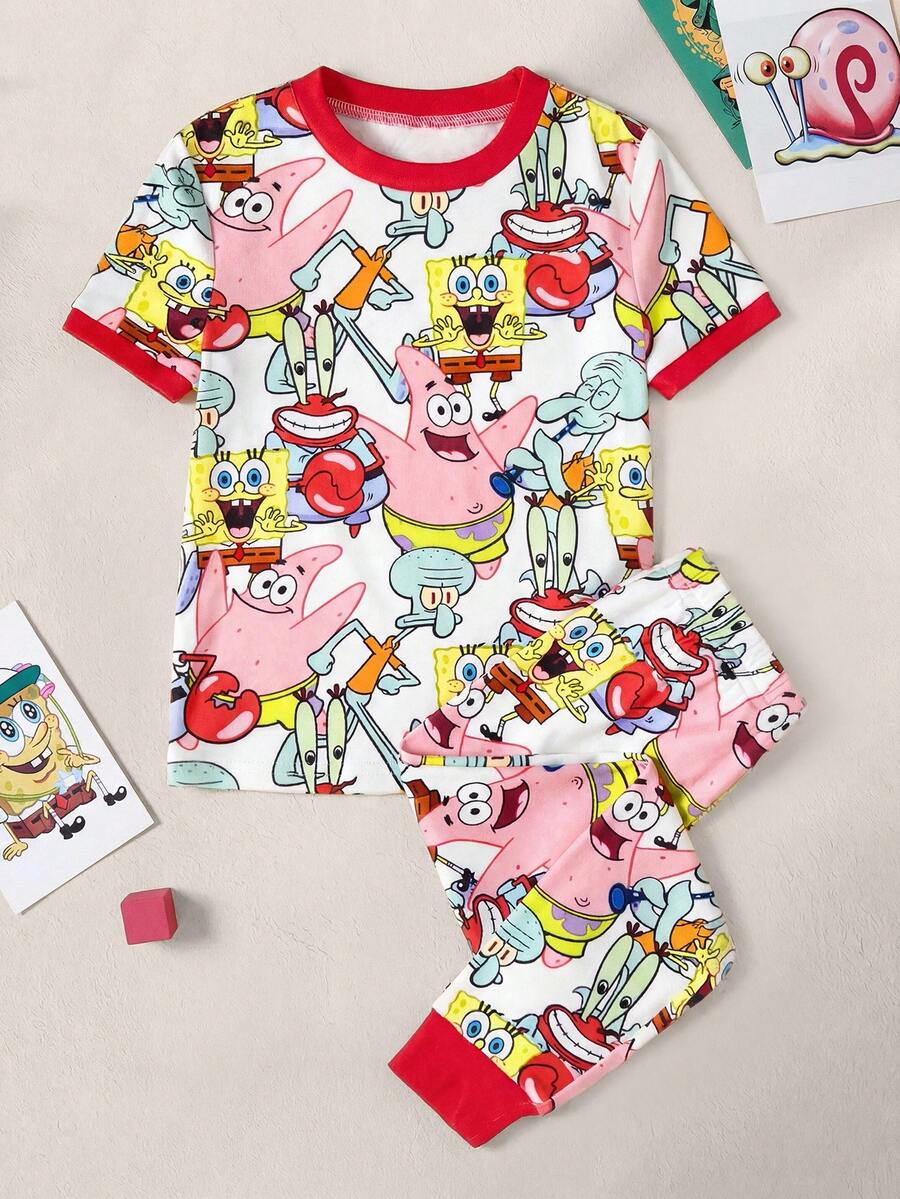 SpongeBob SquarePants | SHEIN 2pcs/Set Piyama Rajut Lengan Pendek Leher Bulat Motif Kartun untuk Anak Perempuan - MultiWarna - View 1