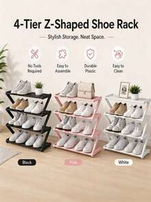 1PC Z Shaped Shoe Rack Plastic Floor Standing Storage Shelf Multi Function High Capacity Easy Assemble Organizer For Home Dorm Living Room Bedroom Space Saving - Multicolor - View 7