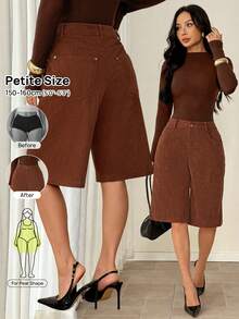 SHEIN PETITE Women's Solid Color Pocket Casual Versatile Knee Length Shorts Bar Daily Work Shades Of Brown Autumn,Shorts For Women,Petite,Office Casual,Vacation - Brown - View 11