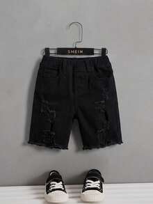 SHEIN 兒童青少年男孩休閒水洗做舊修身牛仔短褲 - 黑色 - 查看 1