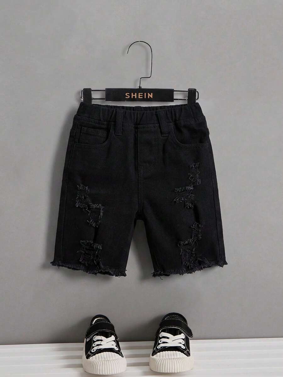 SHEIN 兒童青少年男孩休閒水洗做舊修身牛仔短褲 - 黑色 - 查看 1