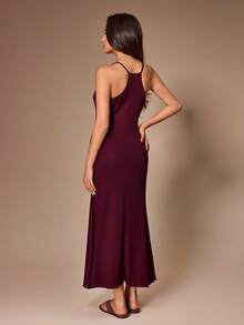 Lazeform Gaun Camisole Slim Fit yang Menawan dengan Hiasan Kancing dan Rumbai untuk Pakaian Rumahan Wanita - Burgundy - View 2