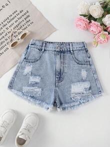 Tween Girls Y2K Streetwear Casual Style Jeans-Vintage Distressed Light Blue, Ripped Frayed, Relaxed Fit, Denim Back-To-School Travel Holiday Summer - Light Wash - View 2