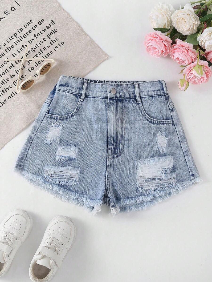 Tween Girls Y2K Streetwear Casual Style Jeans-Vintage Distressed Light Blue, Ripped Frayed, Relaxed Fit, Denim Back-To-School Travel Holiday Summer