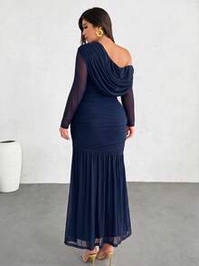 Firerie Plus Size Elegant Solid Color Cold Shoulder Halter Neck Dress Fall - Blue - View 3