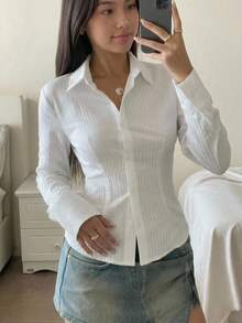 少女白色修身弧形下摆百搭休闲衬衫 - 白色 - 查看 1