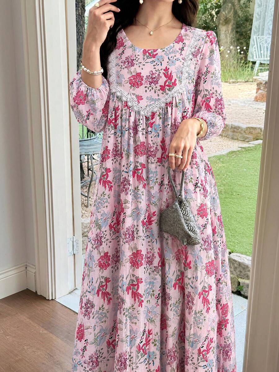 Al Najma Women's Printed Round Neck Lace Trim Patchwork Flare Dress - Pink - View 1
