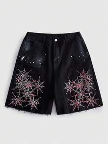 ROMWE MEN Men's Loose Fit Printed Pattern Cargo Denim Shorts - Black - View 1