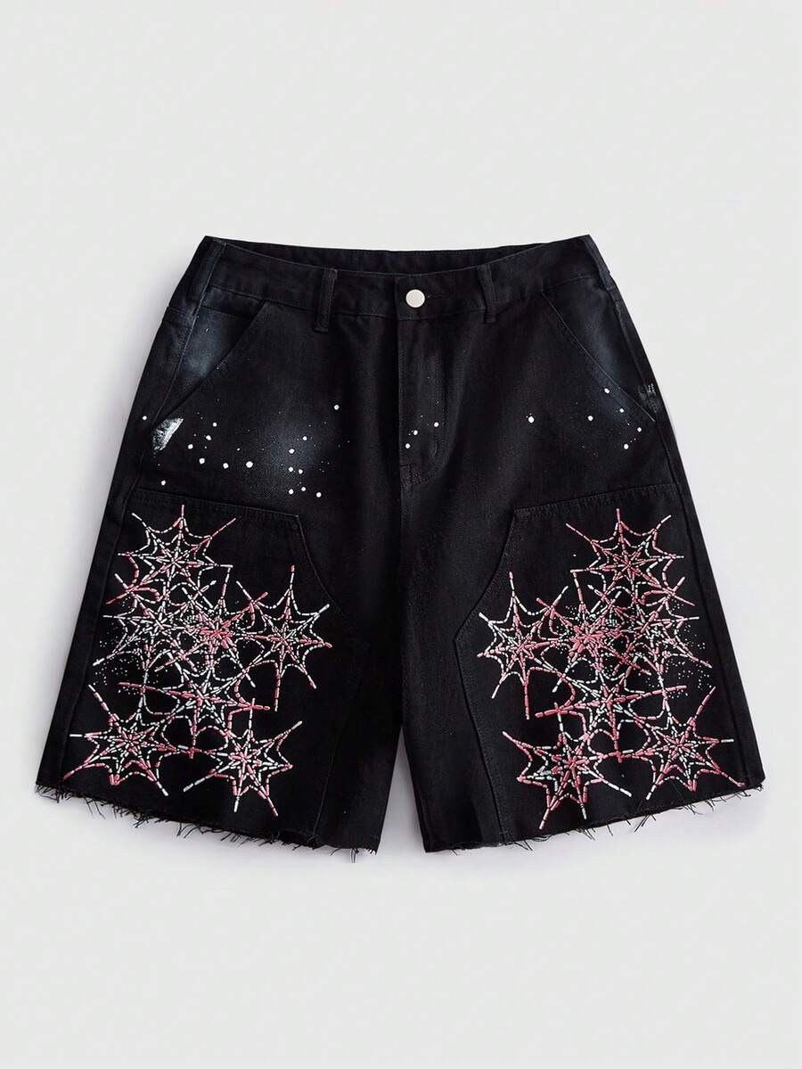 ROMWE MEN Men's Loose Fit Printed Pattern Cargo Denim Shorts - Black - View 1