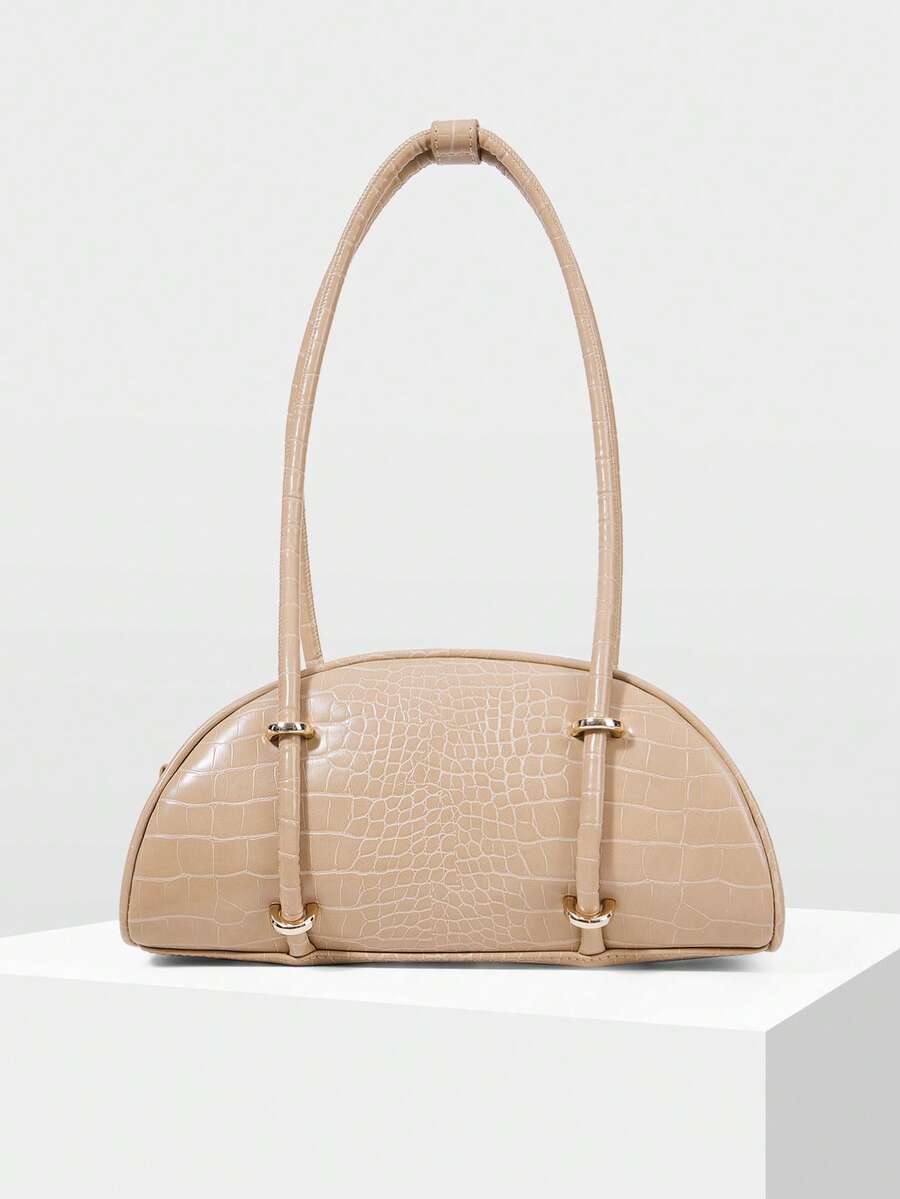 MOTF WOMEN'S FASHION RETRO APRICOT CROCODILE PATTERN SHOULDER BAG, SIMPLE AND CHIC HALF-MOON BAG, FOR DAILY, COMMUTING, SHOPPING, TRAVEL, FESTIVALS - Apricot - View 1