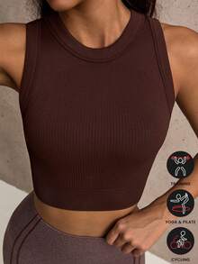 Dewbera Dewbera Women's Ribbed Seamless Naked Feel Yoga Tank Built-In Padded Bra High Stretch For Pilates Cycling - Coffee Brown - View 7