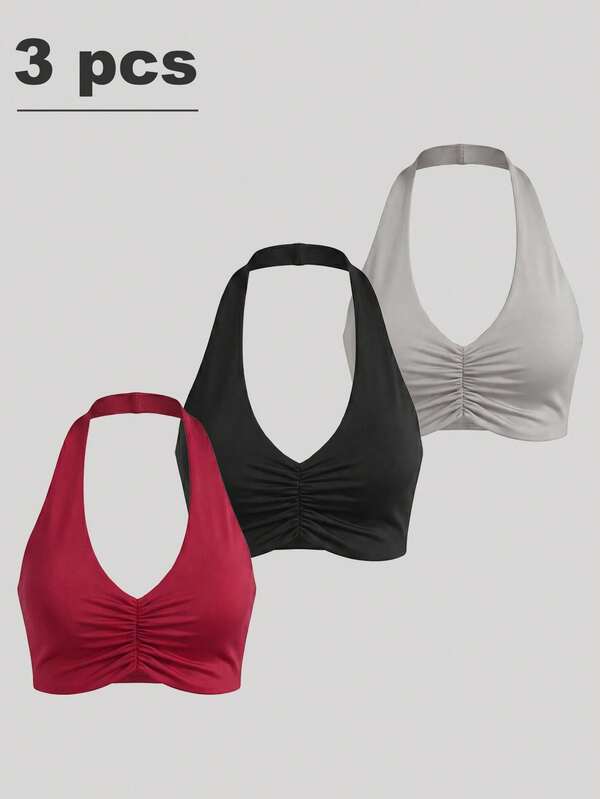 Velisys Velisys 3pcs/Set Women's Black Halter Sports Bra,Ruched V Neck Tight Fitness Camisole Set,Workout Yoga Bra Top Gym Tops,Summer,Athleisure,Pilates