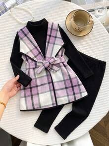 Tween Girl Plaid Pattern Belted Vest Coat & Solid Tee & Leggings - Multicolor - View 1