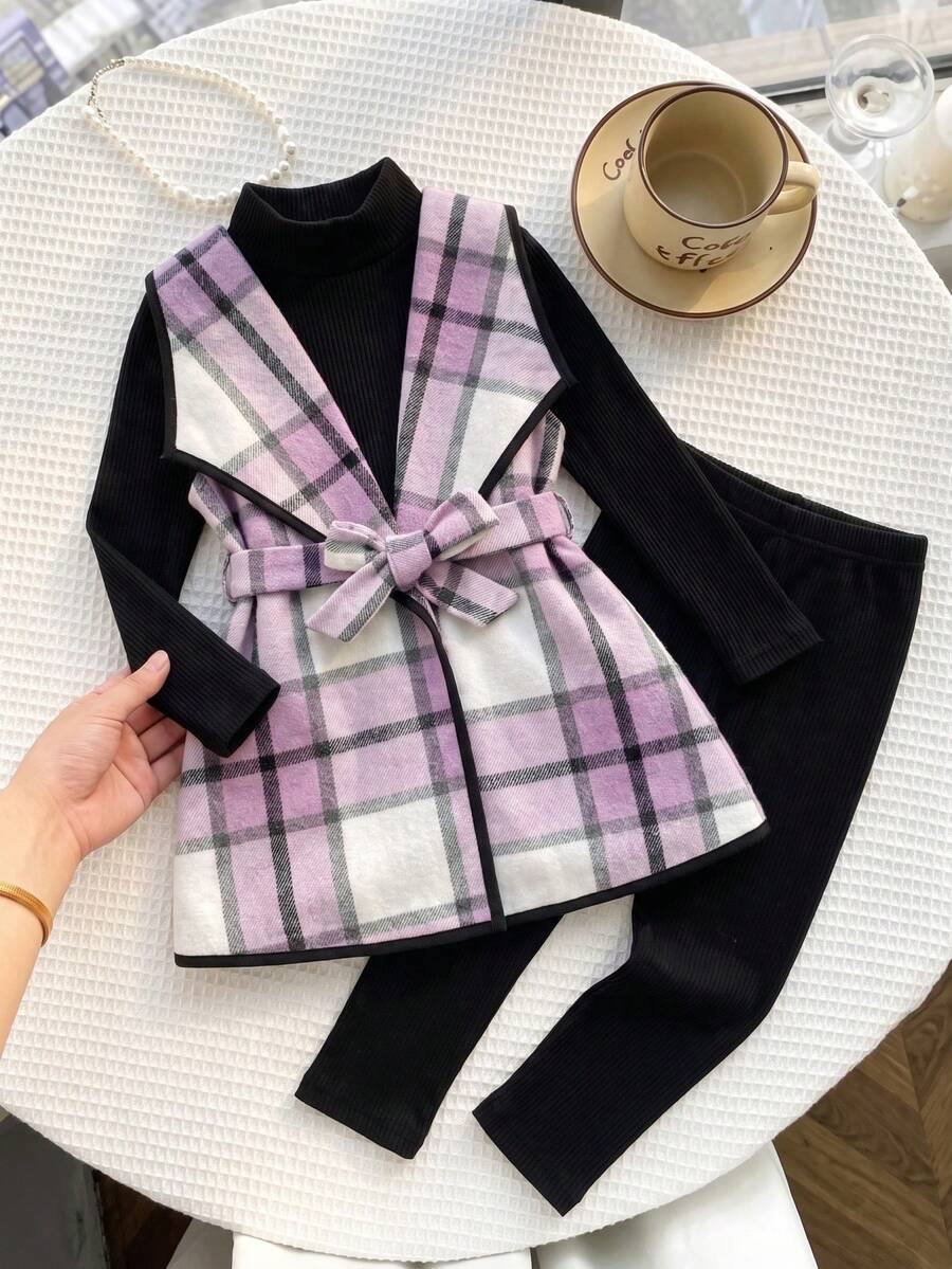 Tween Girl Plaid Pattern Belted Vest Coat & Solid Tee & Leggings - Multicolor - View 1