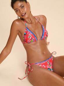 Travachic Women's Summer Beach Floral Print Halter Tie Sexy Fashion Bikini Two-Piece Swimsuit Set - Multicolor - View 3