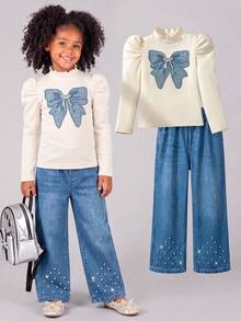 Girls Bow Puff Sleeve 2-Piece Set, Half-High Neck Puff Sleeves, Large Denim Look-Textured Bow Patch, Shapes Shoulders - Apricot - View 3