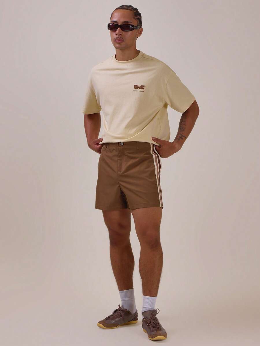 Musero Straight Leg Shorts Taping Detail Waistband With Belt Loops And Back Pockets Spring Summer Essentials - Brown - View 1