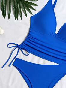 Swim SXY 女款夏季海灘兩件式比基尼泳衣套裝 多色豹紋 深V領 雙肩帶 抓皺休閒泳裝 - 寶藍色 - 查看 4