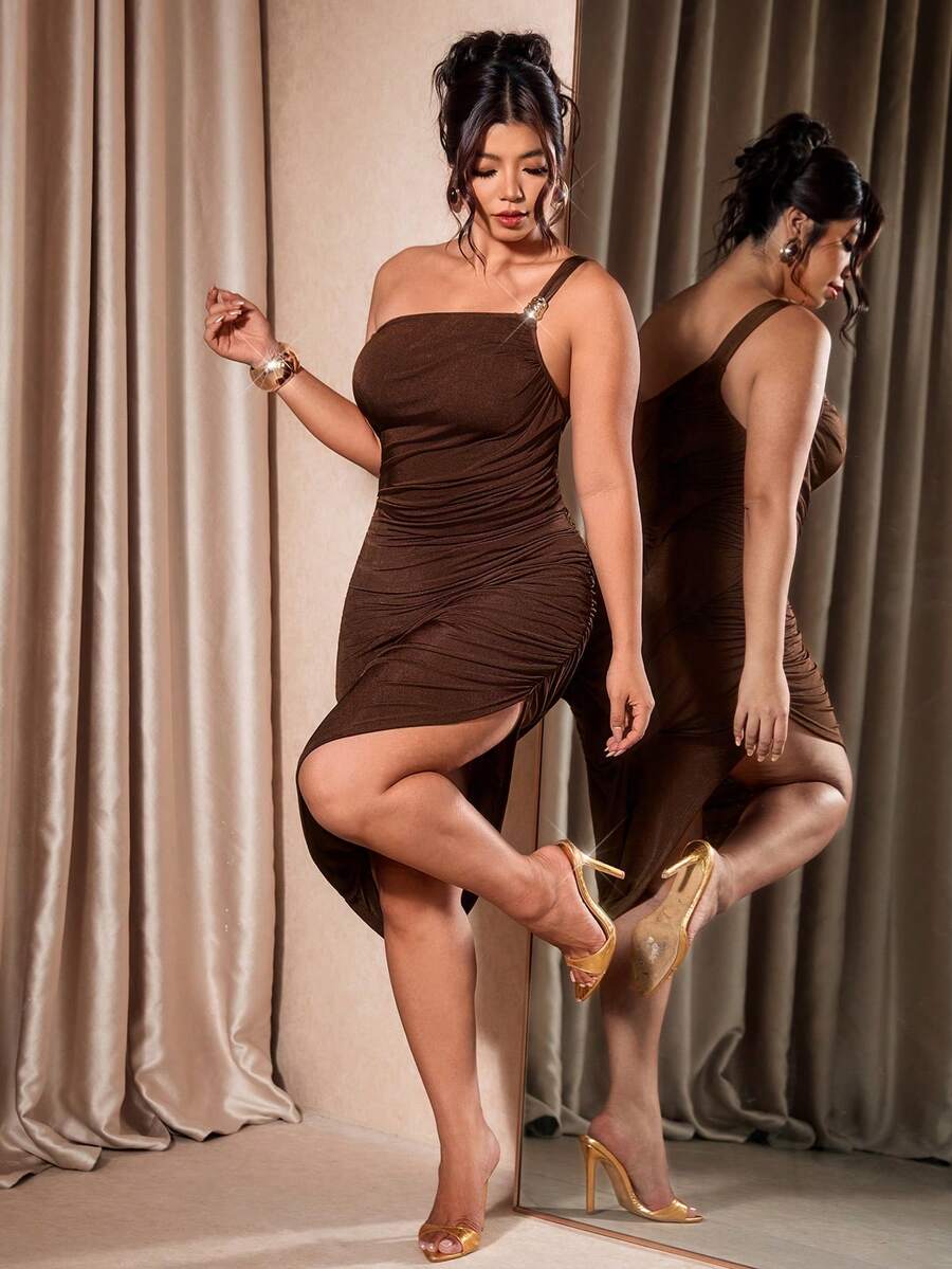 Cravure Women's Elegant Asymmetrical Neckline Patchwork Draped Slim Fit Bodycon Plus Size Summer Dress - Coffee Brown - View 1