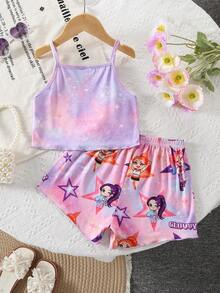 2pcs Young Girl Comfortable Soft Knit Camisole Shorts Set, Ruffled Design, Cute Pattern, Ideal Gift - Multicolor - View 2