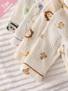 SHEIN Vintaside Kids 新生兒舒適柔軟親膚棉感米色獅子熊貓熊月亮兔子印花領口鈕扣前開長袖長褲包邊連身衣4件套 - 彩色 - 查看 7