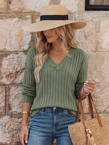 EMERY ROSE Camiseta casual de manga larga con cuello en V, hombros caídos y textura acanalada, color verde salvia, para mujer, otoño, brunch - Verde militar - Ver 3
