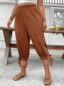 EMERY ROSE Plus Size High Waist Tapered Leg Tie-Up 7/10 Pants Spring/Summer - Yellow - View 3