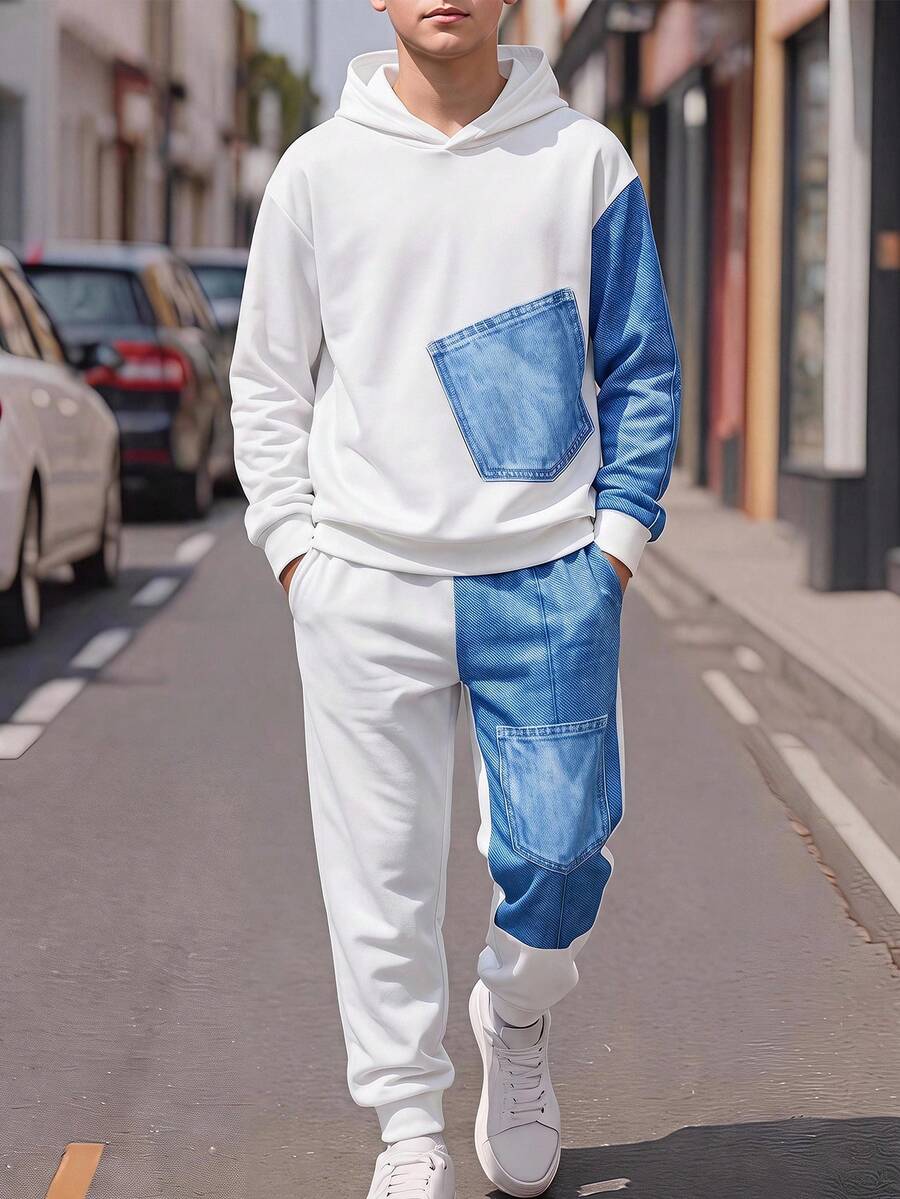 SHEIN 2件組兒童青少年男孩休閒日常百搭舒適丹寧效果印花圓領寬鬆長袖衛衣與鬆緊收口寬鬆運動褲針織衛衣套裝